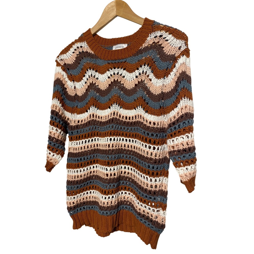 EVEREVE Arabella Boho Chevron Crochet Knit Sweater 3/4 Sleeve Women's Size M